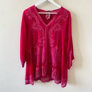Johnny Was Pink Embroidered 3/4 Sleeve Tunic Size Large